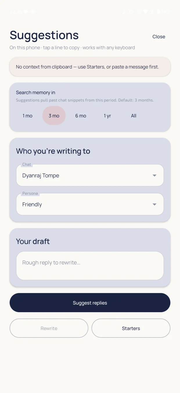 Kepton showing reply drafts, each ready to copy.